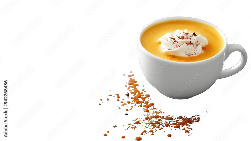 Pumpkin spice latte in white ceramic mug, whipped cream and cinnamon_PNG Pumpkin spice latte in white ceramic mug, whipped cream and cinnamon_PNG