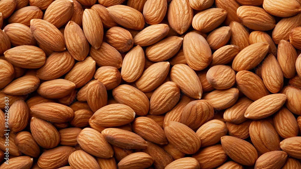 A close-up view of a pile of almonds showcasing their texture and color. A close-up view of a pile of almonds showcasing their texture and color.