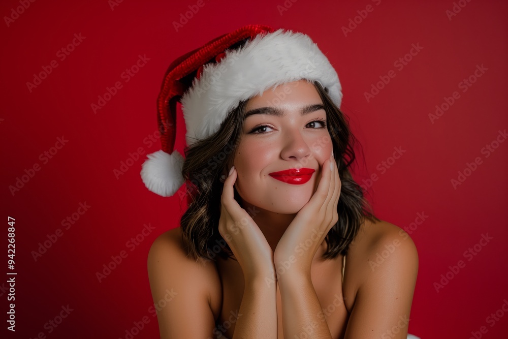 A festive woman wearing a Santa hat is joyfully smiling with her hands on her face against a red background. This cheerful image captures the spirit of Christmas and holiday celebrations A festive woman wearing a Santa hat is joyfully smiling with her hands on her face against a red background. This cheerful image captures the spirit of Christmas and holiday celebrations