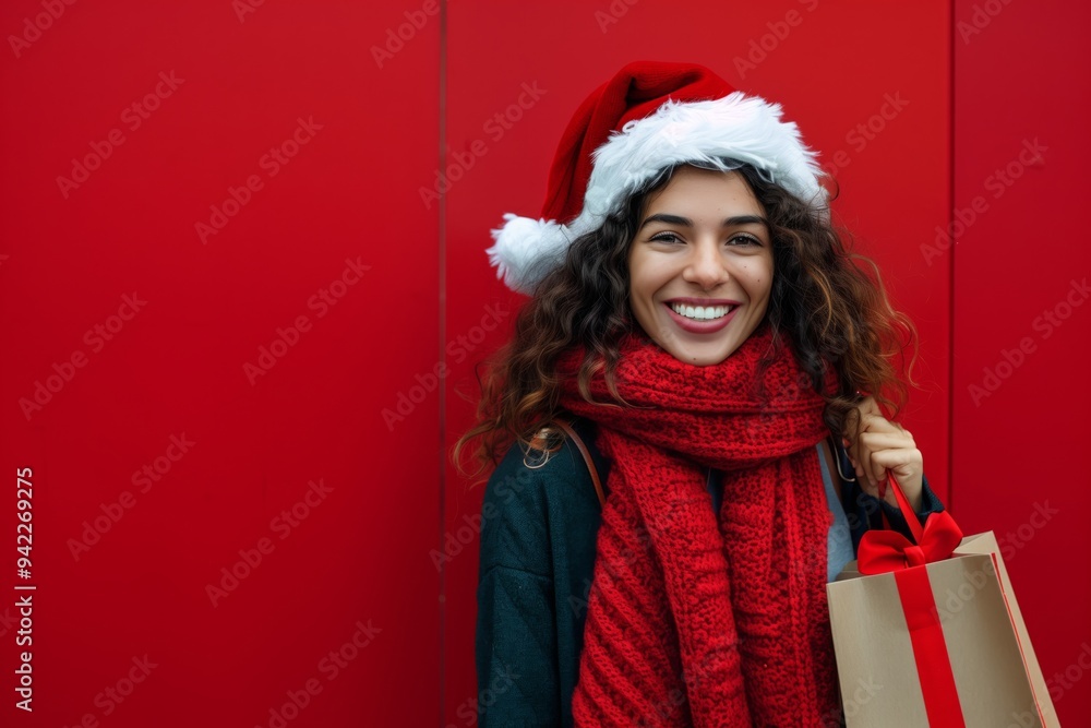 Fototapeta premium In a lively and colorful environment, a cheerful young lady dons a Santa hat, smiling happily while holding a gift bag in front of a bright red background, embodying the festive holiday mood