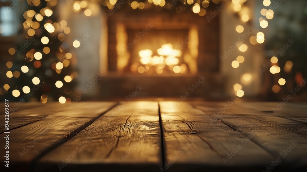 Warm and Merry Christmas Scene with Wooden Table, Blurry Fireplace, and Holiday Lights Warm and Merry Christmas Scene with Wooden Table, Blurry Fireplace, and Holiday Lights