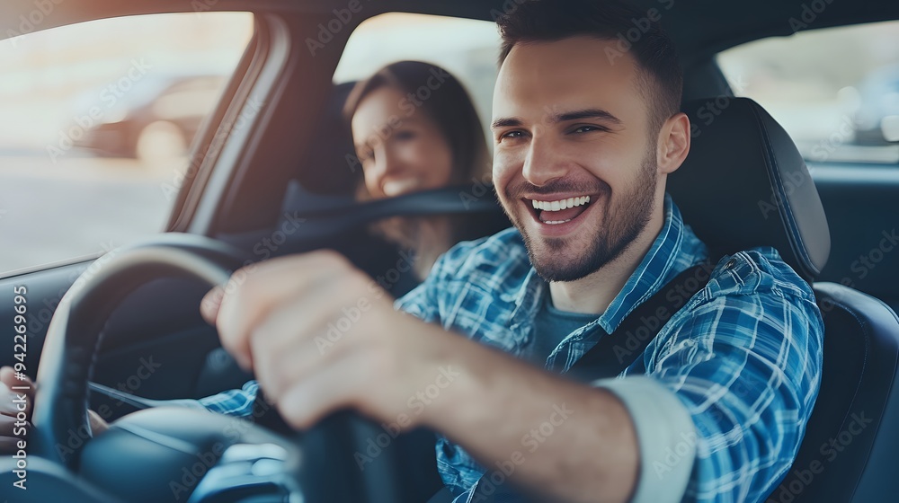 A man smiles broadly as he drives with a passenger in the front seat. A man smiles broadly as he drives with a passenger in the front seat.