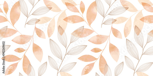 Orange and white line art abstract background with linear and watercolor leaves. luxury vintage seamless pattern. Elegant floral design. Can be used for wrapping, textile, print, banner, brochure, lab