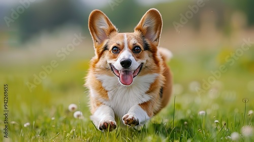 Happy dog dashing through a field of tall green grass picture