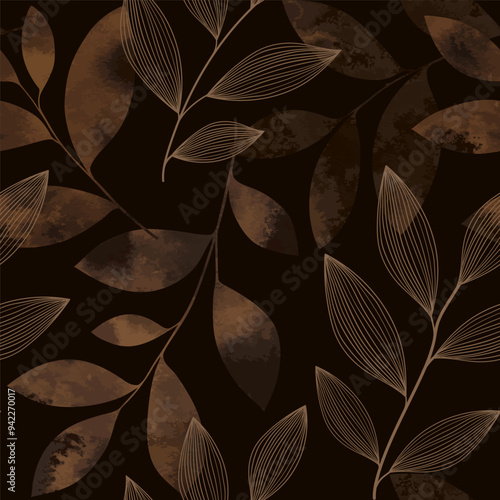 Brown black line art abstract background with linear and watercolor leaves. luxury vintage seamless pattern. Elegant floral design. Can be used for wrapping, textile, print, banner, brochure, label
