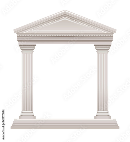 Greek and Roman column temple. Pillar vector building. Ancient white marble architecture from Greece, Rome. Arch frame with roof. Antique parthenon palace. Classic 3d stone house, isolated background