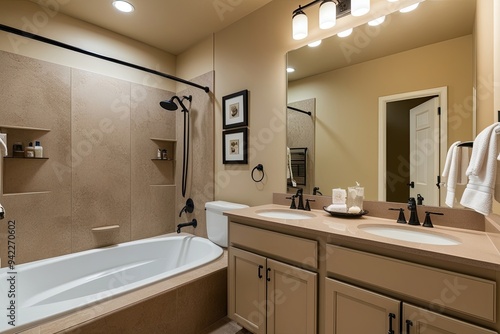 Wallpaper Mural Stylish Beige Bathroom Interior with Tub, Sink, and Mirror Torontodigital.ca