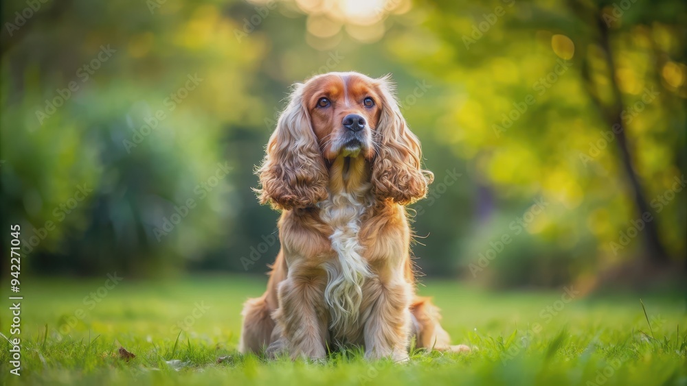 A beautiful Cocker Spaniel sitting obediently on the grass, dog, breed, Cocker Spaniel, pet, animal, furry, cute, adorable A beautiful Cocker Spaniel sitting obediently on the grass, dog, breed, Cocker Spaniel, pet, animal, furry, cute, adorable