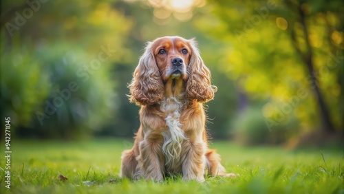 A beautiful Cocker Spaniel sitting obediently on the grass, dog, breed, Cocker Spaniel, pet, animal, furry, cute, adorable photo