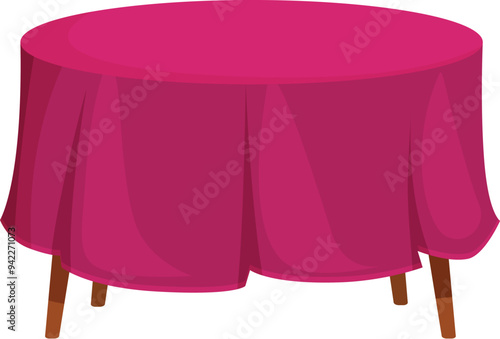 Round wooden table covered with pink tablecloth, isolated on white background