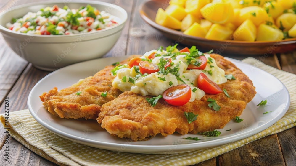 Close-up of a delicious Wiener Schnitzel served on a white plate with potato salad and tomato salad, Delicious Close-up of a delicious Wiener Schnitzel served on a white plate with potato salad and tomato salad, Delicious