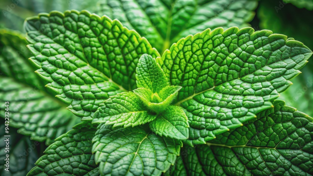 Close-up of a vibrant green mint leaf, depicting intricate details and textures, fresh, green, mint, leaf, close-up, macro Close-up of a vibrant green mint leaf, depicting intricate details and textures, fresh, green, mint, leaf, close-up, macro