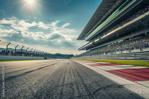 A race track with a large crowd of people watching the race.