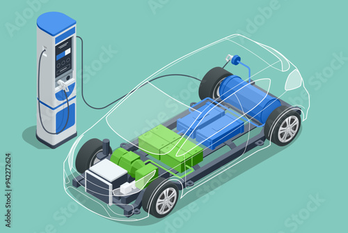 Isometric Hydrogen car schematic showing renewable H2 power source. Labeled diagram highlighting motor, battery, and PCU components for eco-friendly transport