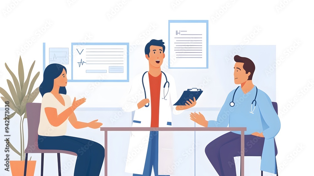 A doctor explains a diagnosis to a patient while another doctor listens. A doctor explains a diagnosis to a patient while another doctor listens.