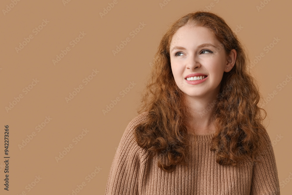 Portrait of ashamed young woman on brown background Portrait of ashamed young woman on brown background