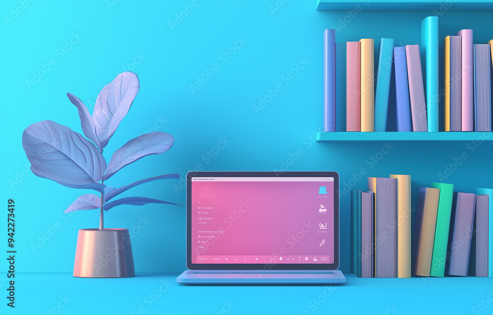 Obraz premium A vibrant workspace featuring a laptop with a pink screen, a potted plant, and colorful books on a blue background, symbolizing a modern and creative home office setup