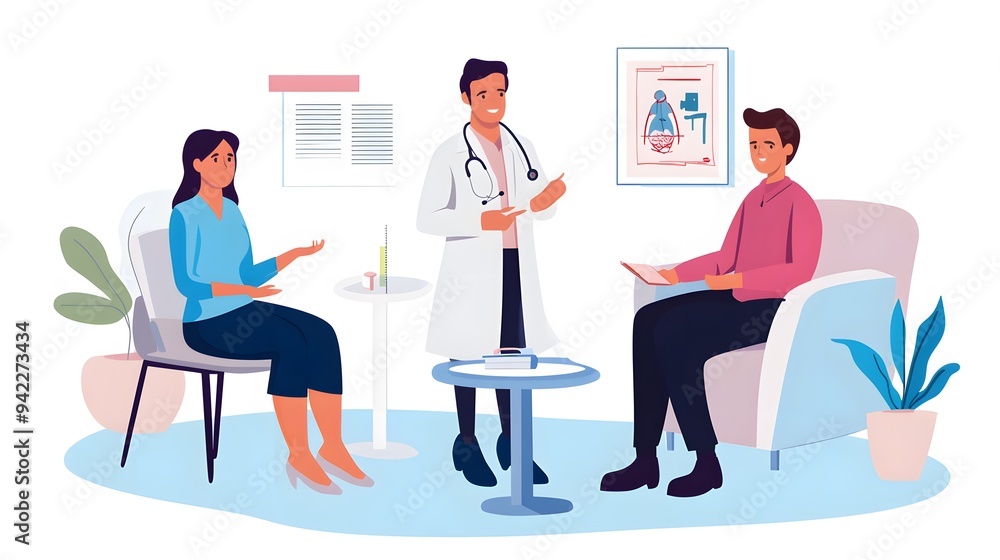 A doctor speaks with a couple at a hospital. A doctor speaks with a couple at a hospital.