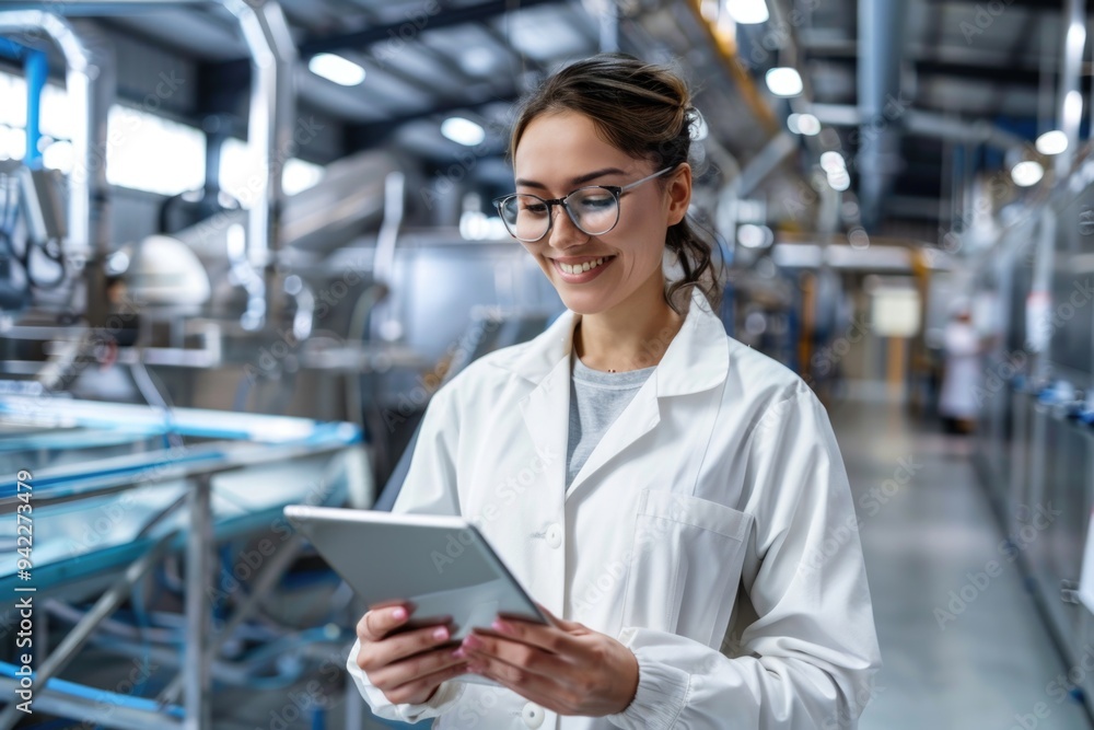 A woman in a lab coat is holding a tablet, possibly for medical or scientific use A woman in a lab coat is holding a tablet, possibly for medical or scientific use