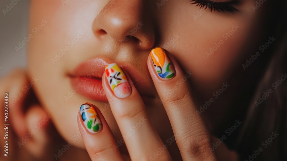 Naklejka premium A woman with colorful nail art on her hands and face, AI