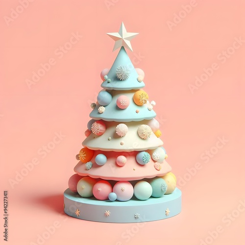 3D Christmas Tree - Isolated on Pastel Background