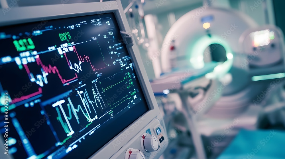 Close-up of a medical monitor with vital signs displayed. Close-up of a medical monitor with vital signs displayed.