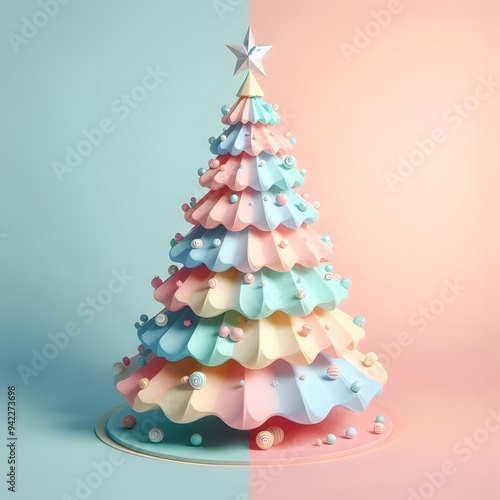 3D Christmas Tree - Isolated on Blue Pastel Background