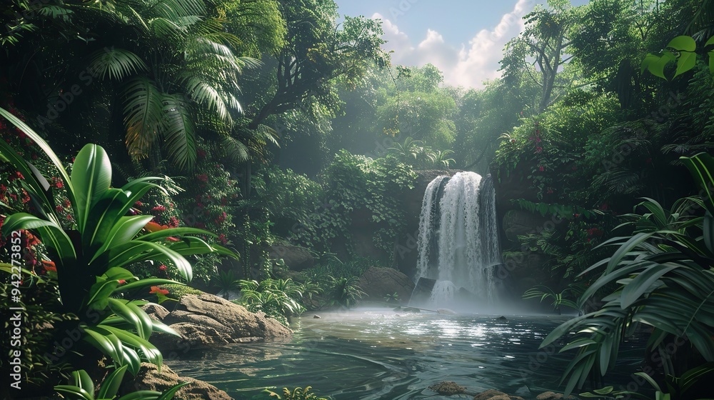 Large powerful waterfall is surrounded by lush green forests with soft sunlight Large powerful waterfall is surrounded by lush green forests with soft sunlight