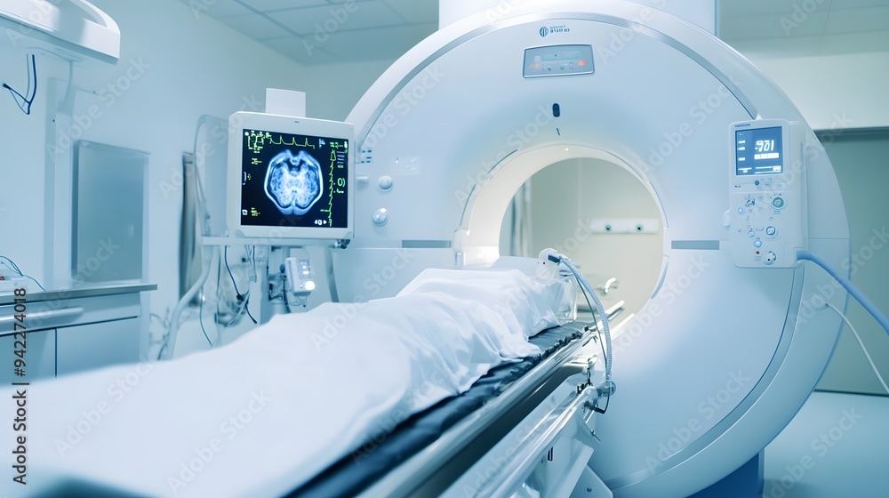 A patient lies on a medical table, ready for an MRI scan. A patient lies on a medical table, ready for an MRI scan.