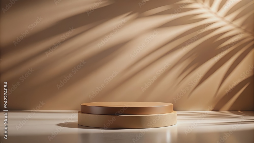 Brown natural podium for product display with abstract shadow lighting in cosmetic scene mockup, beauty, advertising, stand Brown natural podium for product display with abstract shadow lighting in cosmetic scene mockup, beauty, advertising, stand