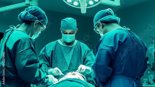 A team of three surgeons in scrubs perform surgery on a patient in an operating room. photo