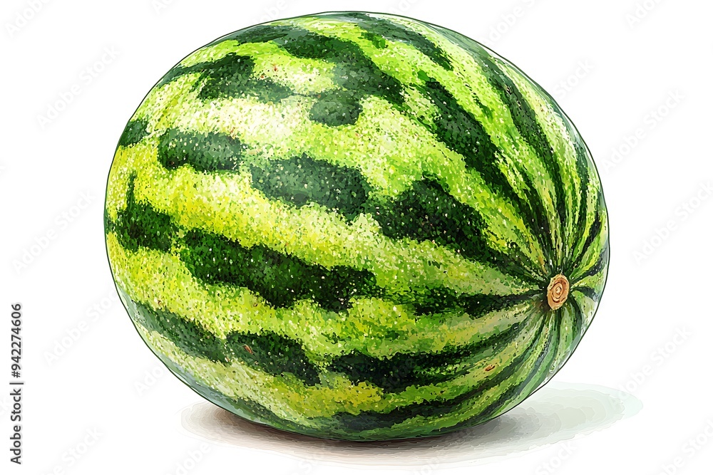 A cartoon watermelon with a bright green rind and dark green stripes, isolated on white. A cartoon watermelon with a bright green rind and dark green stripes, isolated on white.