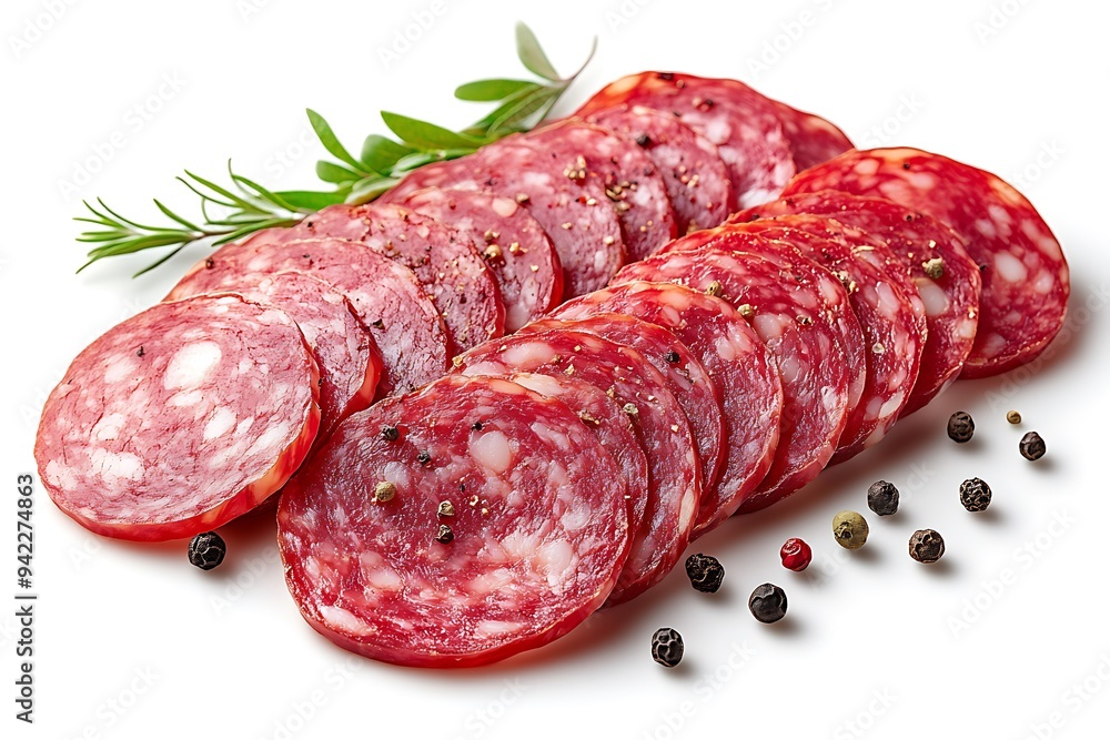 Sliced salami with peppercorns and rosemary on white background Sliced salami with peppercorns and rosemary on white background