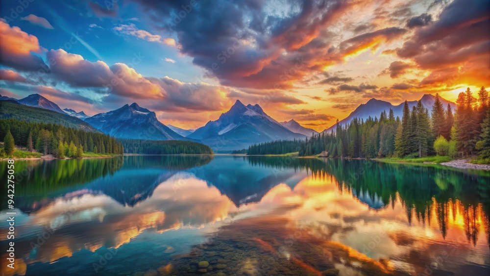 Vast mountain landscape with a colorful sunset over a serene lake, mountains, sunset, lake, serene, peaceful Vast mountain landscape with a colorful sunset over a serene lake, mountains, sunset, lake, serene, peaceful