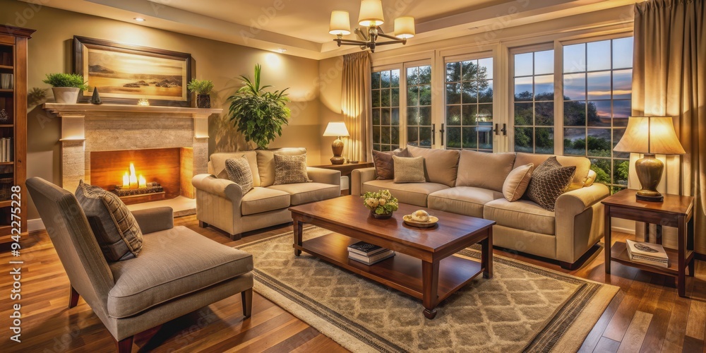 Cozy living room with warm lighting and comfortable furniture, cozy, living room, home, interior, furniture, sofa, lamp Cozy living room with warm lighting and comfortable furniture, cozy, living room, home, interior, furniture, sofa, lamp