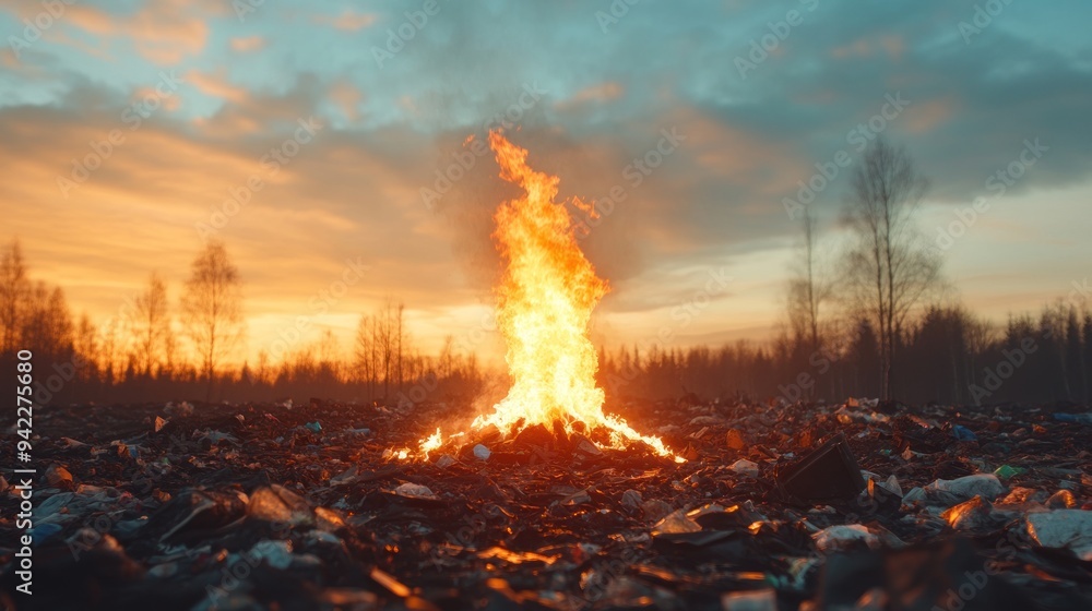 Fototapeta premium Flames crackling through trash in a garbage park, with fog and sunset .