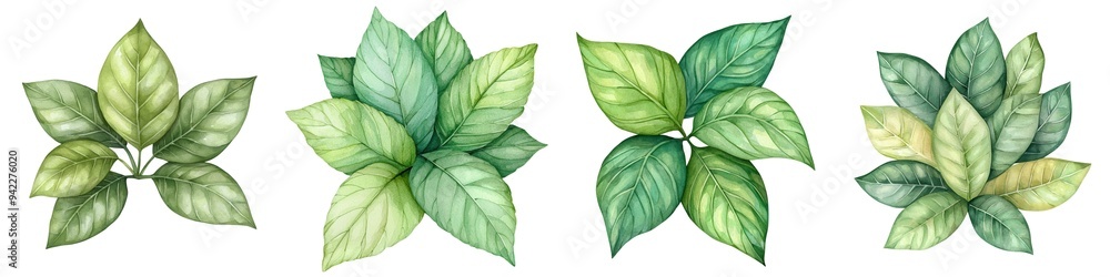 Hand-painted watercolor leaves in various shades of green, perfect for nature themes, backgrounds, and organic designs. Hand-painted watercolor leaves in various shades of green, perfect for nature themes, backgrounds, and organic designs.