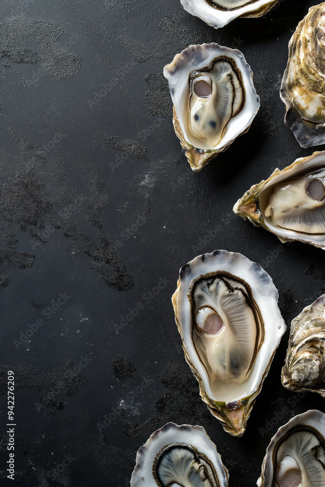 Top view of fresh opened oysters on a black background with free copy space. Top view of fresh opened oysters on a black background with free copy space.