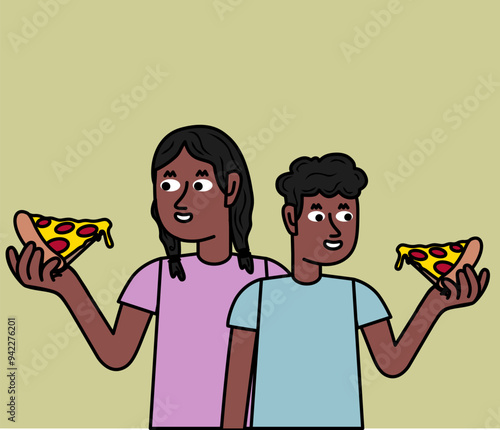black children enjoying a delicious pizza.eps