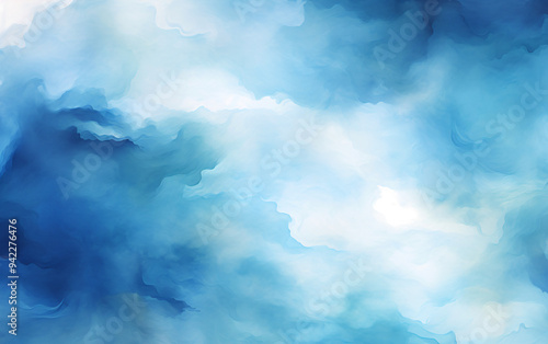 Abstract blue watercolor wash creates a dreamy and ethereal background with soft edges and a transparent center