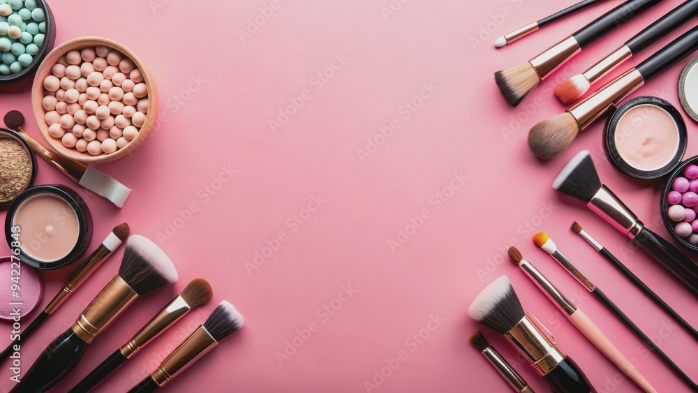 Floating cosmetics and make up brush on a pink background, cosmetics, make up, brush, floating, pink, beauty, girly Floating cosmetics and make up brush on a pink background, cosmetics, make up, brush, floating, pink, beauty, girly