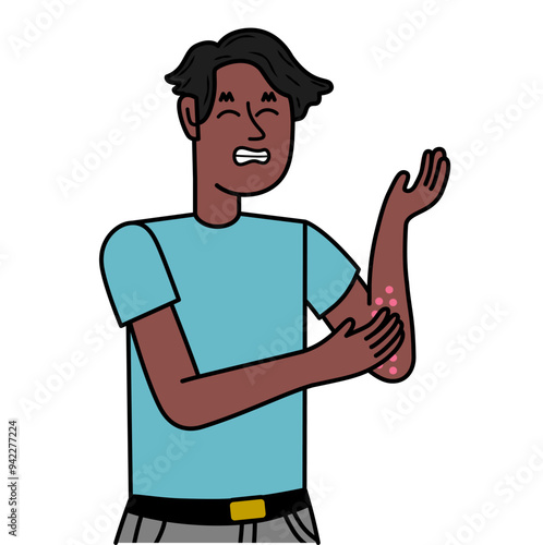 black man with allergy scratching her hand.eps