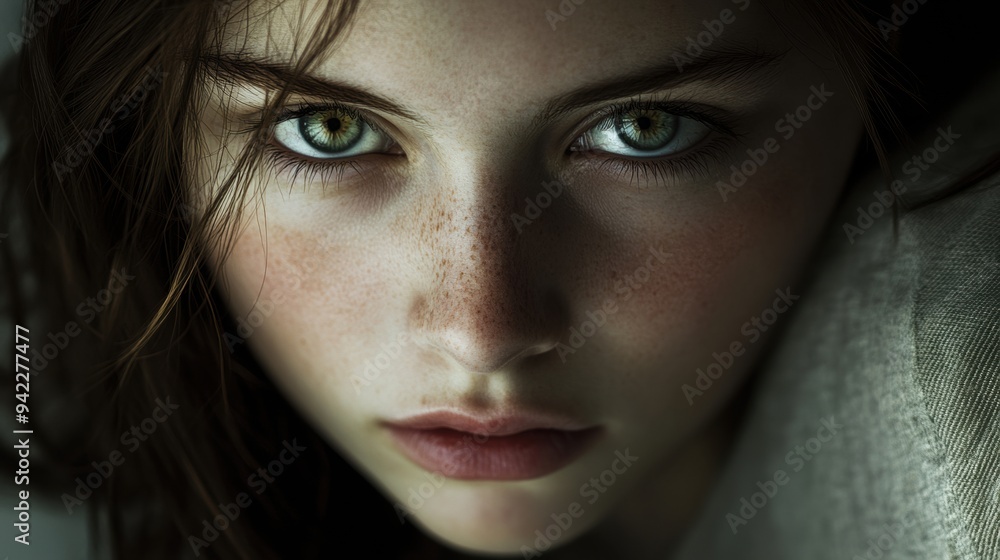 A close up of a woman with freckles and green eyes, AI A close up of a woman with freckles and green eyes, AI