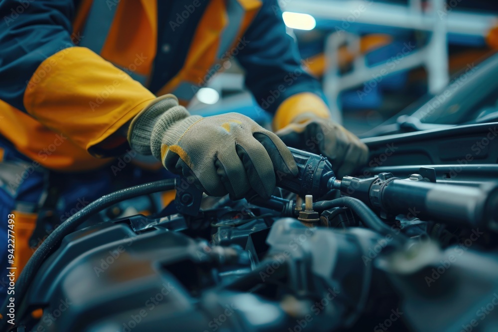 A person is performing maintenance tasks on an automobile engine in a garage setting A person is performing maintenance tasks on an automobile engine in a garage setting