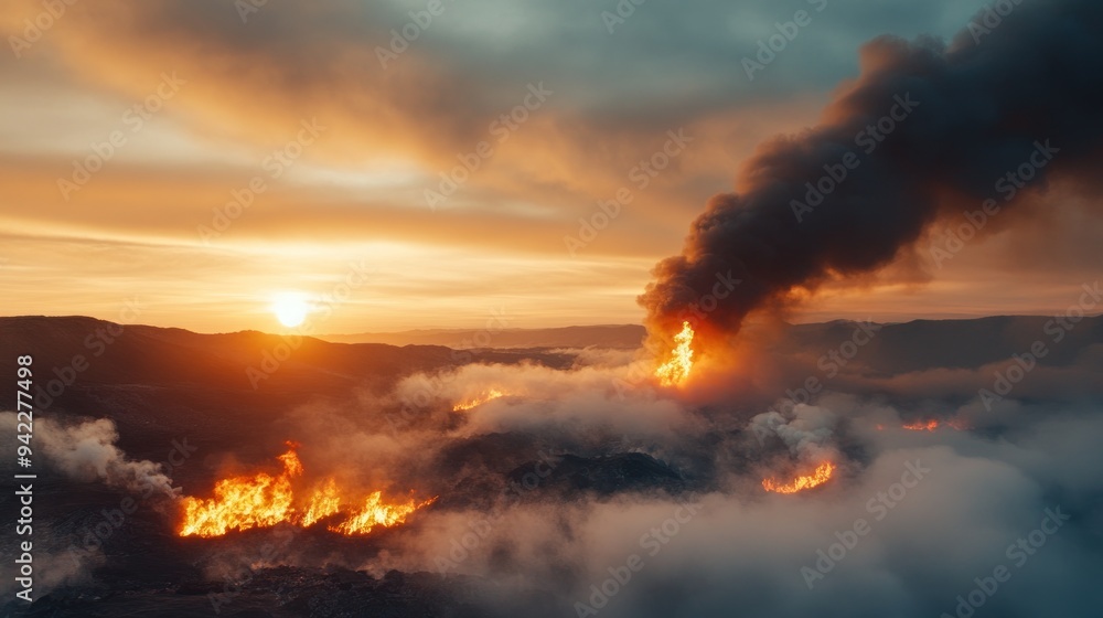 Burning garbage in a foggy park at twilight, with the sun setting behind thick mist. Burning garbage in a foggy park at twilight, with the sun setting behind thick mist.