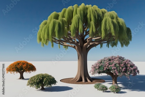 Vibrant 3D Acacia Dealbata Tree with Colorful Floral Variations on Transparent Background photo