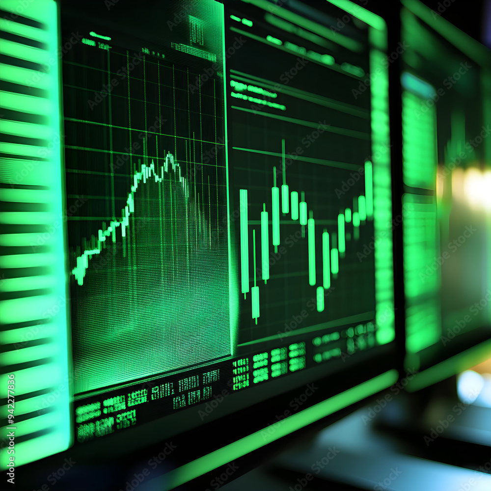 Computer screen showing a background green graph image