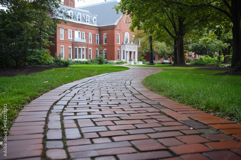 Fototapeta premium Wander the Brick Pathway Winding Through a Vibrant College Campus