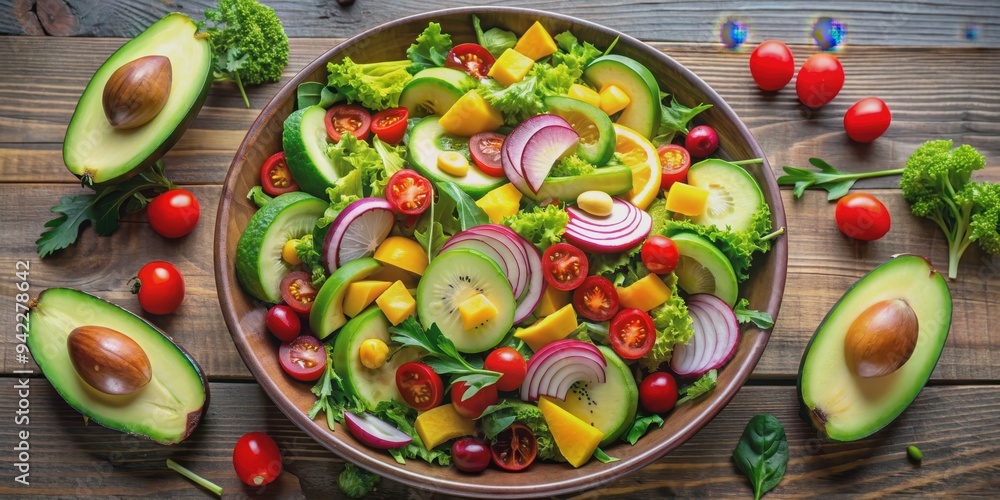 Healthy fresh avocado and vegetable salad arranged beautifully from a top view, avocado, vegetable, salad, fresh Healthy fresh avocado and vegetable salad arranged beautifully from a top view, avocado, vegetable, salad, fresh