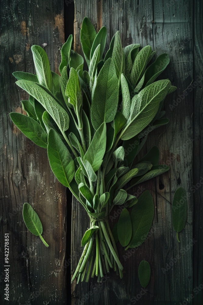 Obraz premium A bunch of sage leaves on a rustic wooden table
